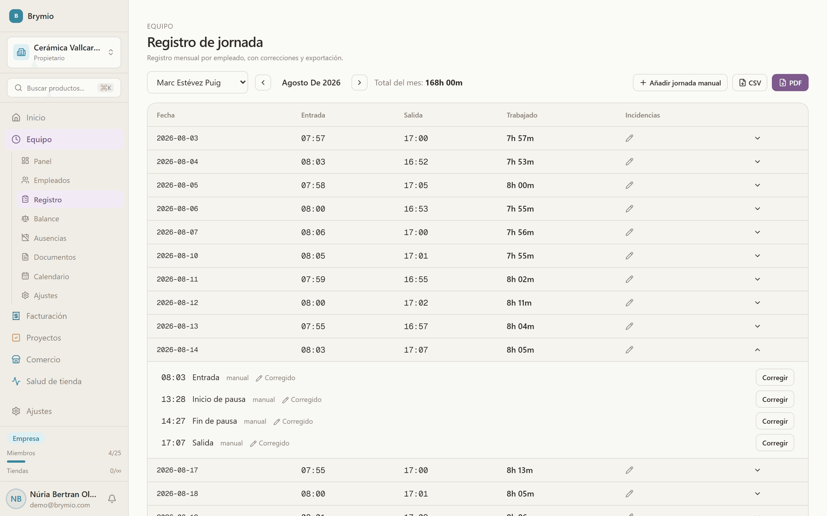 Registre du mois avec les entrées et sorties de chaque salarié